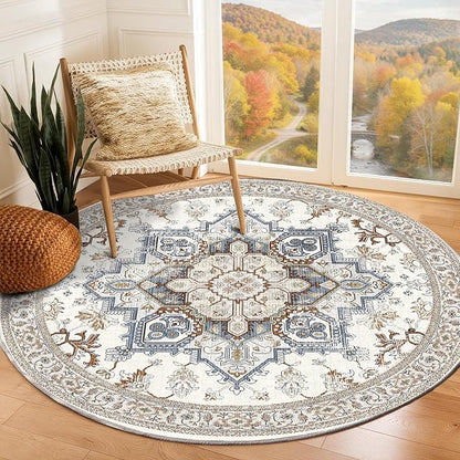 OPPODREAM Thin Round Rug 5ft, Neutral Washable Circle Rug 5ft with Non Slip Backing Play Room, Low-Pile Carpet 5 ft, Faux Cashmere Throw Carpet, Cream White & Blue & Light Brown