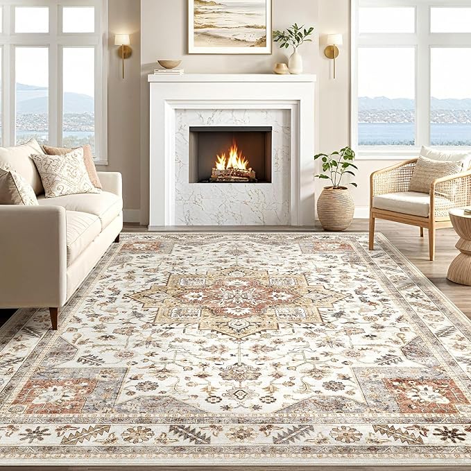 Vintage Living Room Area Rug 6x9 - Large Soft Washable Oriental Traditional Distressed Farmhouse Rugs for Bedroom - Indoor Floor Accent Carpet for Home Office House Decor - Golden Taupe