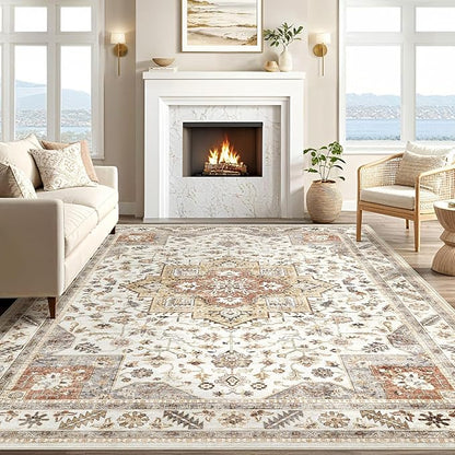 Vintage Living Room Area Rug 6x9 - Large Soft Washable Oriental Traditional Distressed Farmhouse Rugs for Bedroom - Indoor Floor Accent Carpet for Home Office House Decor - Golden Taupe