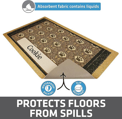 Drymate Personalized Pet Bowl Placemat, Custom Dog & Cat Food Feeding Mat - Absorbent Fabric, Waterproof Backing - Machine Washable/Durable (USA Made) (16" x 28") (Brown Paw Braid)