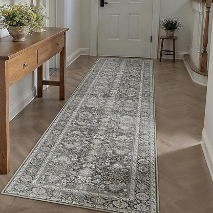 Black Runner Rug 2x7 Vintage Area Carpet Hallway Long Indoor Kitchen Washable Living Room Low Pile Traditional Distressed Retro Accent Throw Rug Non Slip Laundry Bathroom Office Dining Room