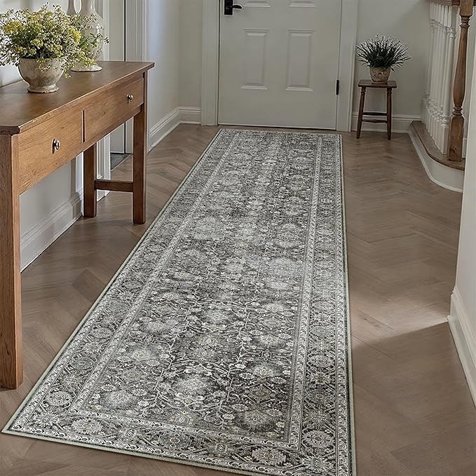 Black Runner Rug 2x12 Vintage Area Carpet Hallway Long Indoor Kitchen Washable Living Room Low Pile Traditional Distressed Retro Accent Throw Rug Non Slip Laundry Bathroom Office Dining Room