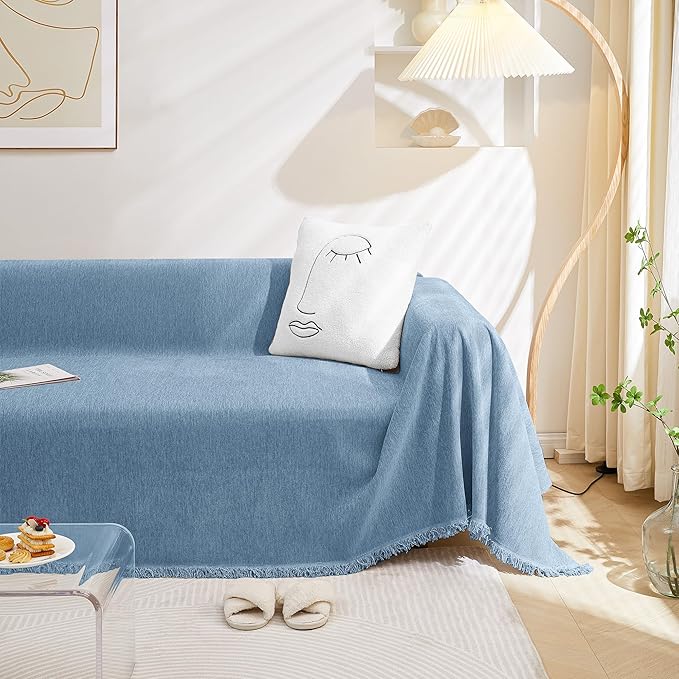 MEETSKY Blue Couch Covers for 3 Cushion Couch Sofa, Oversized Couch Cover Sectional L Shape Chenille Sofa Covers Washable, Sofa Throw Couch with Tassel, 71"x 150"