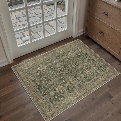 Entryway Area Rug 2x3 Green Brown Vintage Washable Kitchen Bathroom Carpet Traditional Distressed Soft Non Slip Small Door Mat Retro Low Pile Thin Rug for Entrance Laundry Bedroom