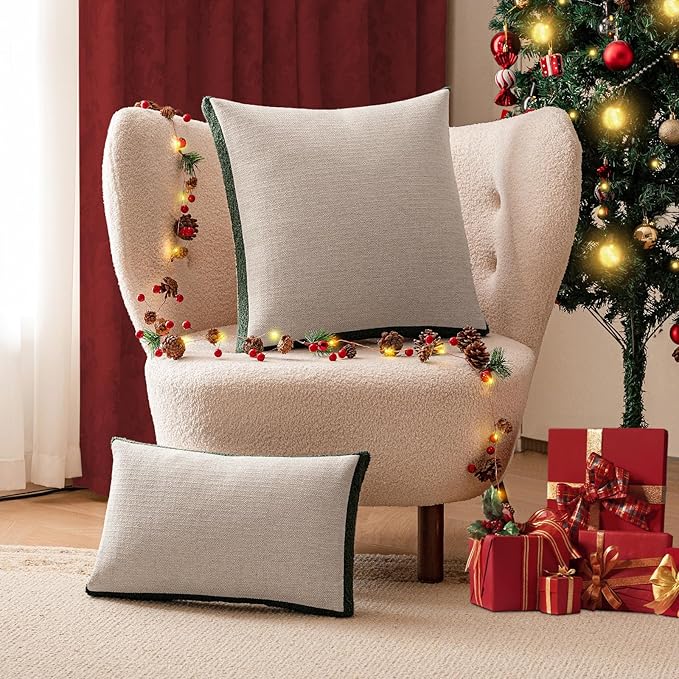 a moment Christmas Dark Green Loop Yarn Linen-Like Pillow Cover Natural Soft Decorative Throw Pillow Case Farmhouse 18x18 Inch, Textured Cushion Cover for Sofa Bed, Wrinkle-Resistant Home Decor