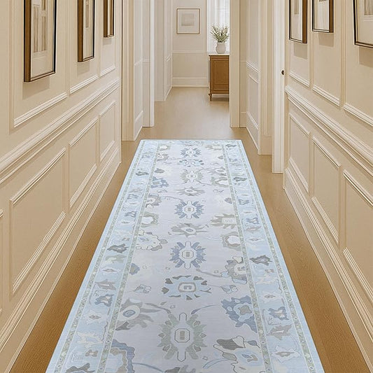 Fame Living Cream Blue Oushak Runner Rug, Modern Runners, Turkish, Eclectic, Floral, Pastel, Washable, Small Rugs, Short Runner for Hallway, Entryway, Laundry, Bedroom, Kitchen, Bathroom, 2'5"x6'5"