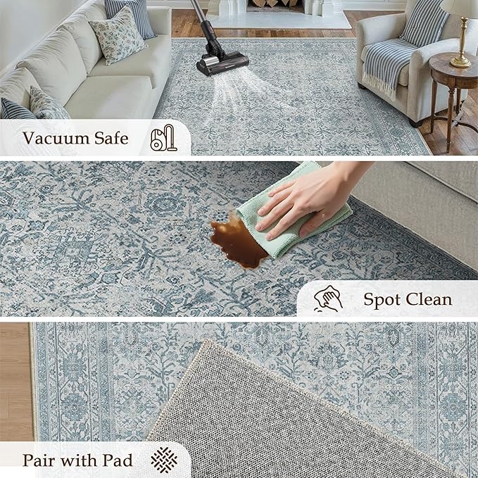 Blue Runner Rug 2x6 Hallway Washable Carpet Soft Vintage Indoor Kitchen Non Slip Bedroom Traditional Retro Distressed Thicker Throw Long Rug Bathroom Laundry Entryway Office Dining Room
