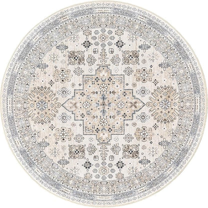 zesthome 8ft Round Rugs for Living Room, Non-Slip Washable Round Area Rugs, Ultra-Thin Large Circle Rugs, Soft Low Pile Rug for Bedroom, Kitchen - Vintage Stain Resistant Round Rug (Beige,8'x8')