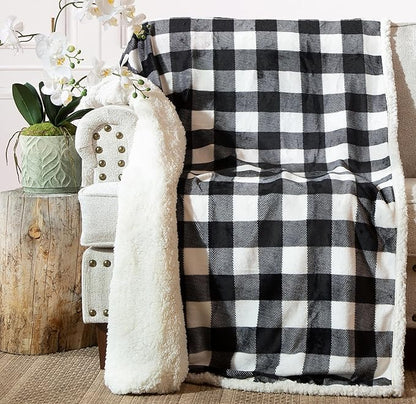 CARSTENS, INC. Ultra Premium Super Soft Plush Sherpa Fleece Oversized Throw Blanket 54" x 68", Black & White Buffalo Plaid
