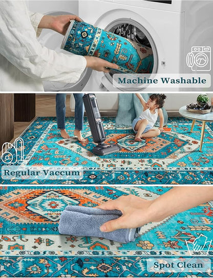 SERISSA Boho Washable Runner Rug, 2x6 Rug Runner Non-Slip Vintage Blue Hallway Kitchen Runner Rug Ultra Soft Print Distressed Tribal Floor Carpet Runner for Bedroom Bathroom Laundry Living Room