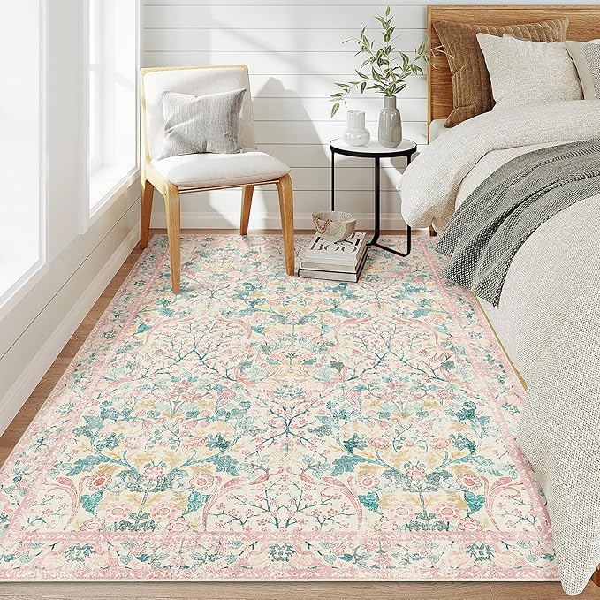 MUJOO 3x5 Pink Rug Washable,Floral Area Rug for Bedroom Office Entryway Living Room Bedside,Small Throw Carpet Boho Non Slip Indoor Floor Botanical Vintage Ultra-Thin