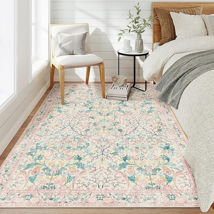 MUJOO 3x5 Pink Rug Washable,Floral Area Rug for Bedroom Office Entryway Living Room Bedside,Small Throw Carpet Boho Non Slip Indoor Floor Botanical Vintage Ultra-Thin