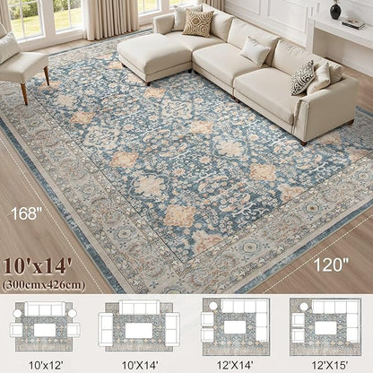Vintage Living Room Area Rug 10x14 - Large Soft Washable Oriental Traditional Distressed Farmhouse Rugs for Bedroom - Indoor Floor Accent Carpet for Home Office House Decor - Dark Blue