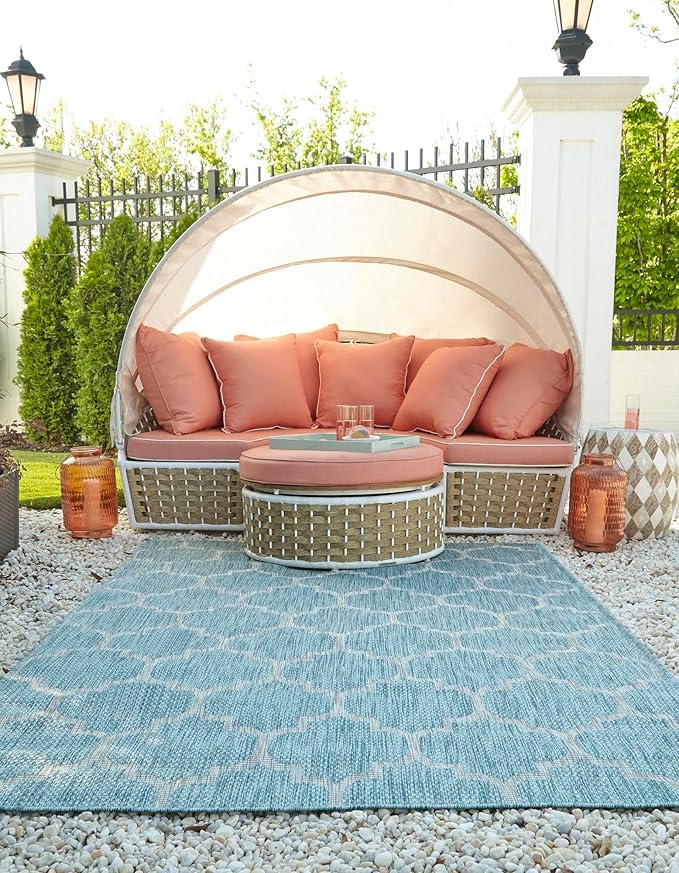Unique Loom Outdoor Trellis Collection Area Rug (10' x 14' 1" Rectangle, Aquamarine/ Gray)