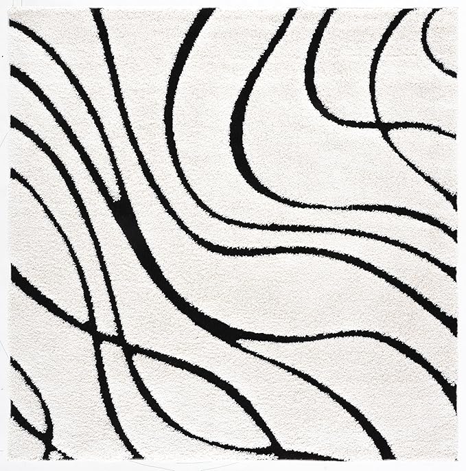 SAFAVIEH Florida Shag Collection Area Rug - 10' Square, Ivory & Black, Non-Shedding & Easy Cleaning, Plush Thick Pile, Ideal for Living Room, Bedroom, Dining Space (SG471-1290)