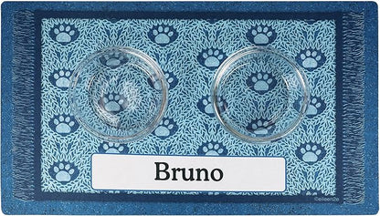 Drymate Personalized Pet Bowl Placemat, Custom Dog & Cat Food Feeding Mat - Absorbent Fabric, Waterproof Backing - Machine Washable/Durable (USA Made) (16" x 28") (Blue Paw Braid)