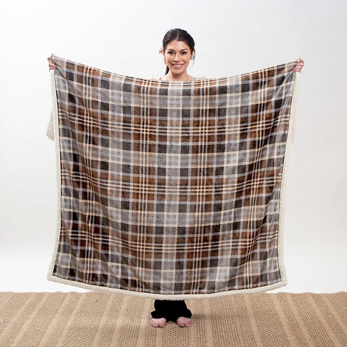 CARSTENS, INC. Ultra Premium Super Soft Plush Sherpa Fleece Oversized Throw Blanket 54" x 68", Gray Chestnut Plaid