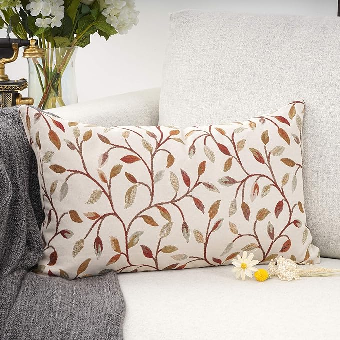 YOUR SMILE Farmhouse Oblong Rectangle Floral Chenille Embroidery Decorative Throw Pillow Case Cushion Cover Lumbar Pillowcase for Sofa 12 x 20 Inch, Brown Leaves