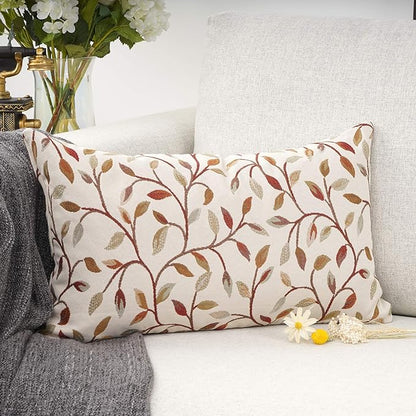 YOUR SMILE Farmhouse Oblong Rectangle Floral Chenille Embroidery Decorative Throw Pillow Case Cushion Cover Lumbar Pillowcase for Sofa 12 x 20 Inch, Brown Leaves