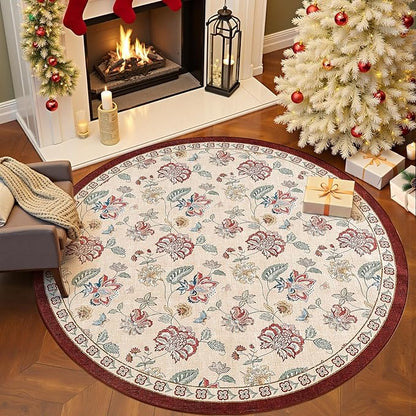 jinchan Elora 6ft Floral Round Rug for Washable Living Room Rug Vintage Romance Christmas Design Non Slip Indoor Floor Cover Lightweight Low-Profile Throw Carpet for Bedroom Porch, Red/Beige