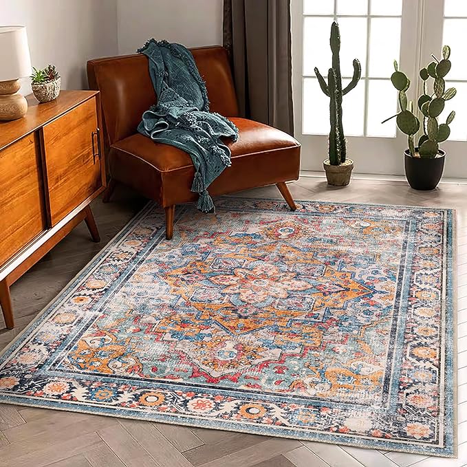 Washable Area Rug 5'x7' Retro Boho Chic Medallion Distressed Design Living Room Indoor Non-Slip Large Oriental Accent Throw Rug for Kitchen Bedroom Office Carpet