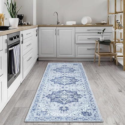 Bloom Rugs Washable Non-Slip 10 ft Runner - Gray/Blue Traditional Medallion Runner for Entryway, Hallway, Bathroom, and Kitchen - Exact Size: 2.5' x 10'