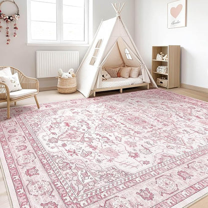 Pink Rugs for Bedroom Girls: 8x10 Washable Boho Large Neutral Cute Soft Area Rug Stain Resistant Floral Farmhouse Non Slip Indoor Floor Carpet for Living Room Nursery Kids Playroom Preppy Room Dorm