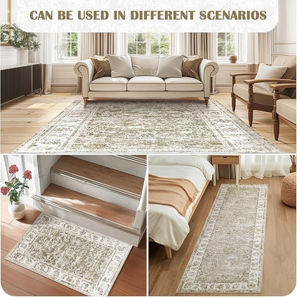 jinchan Fiora Runner Rug 3x10-2pcs Kitchen Washable Vintage Hallway Rug Floral Print Floor Cover Indoor Thin Retro Mat Accent for Bathroom Laundry Room Bedroom Office Farmhouse (Double, Taupe)