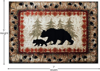 Masada Rugs, Cabin Lodge Area Rug Bear and Cub Scene (5 Feet 3 Inch X 7 Feet)