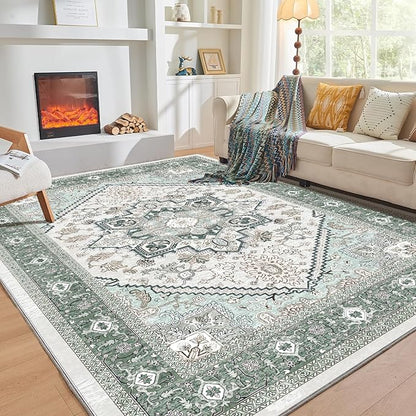 OPPODREAM Thin Area Rugs 4x6, Low-Pile Washable Rugs 4x6 with Non Slip Backing, Faux Cashmere 4 x 6 Throw Carpet, Green