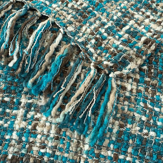 Multi-Color Teal Cable Knitted Throw Blanket for Couch,60"X80" Boho Style Textured Blankets for Home Decor,Super Soft Warm Cozy Chunky Knit Blanket with Decorative Tassels for Bed and Sofa