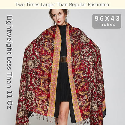 DANA XU 100% Merino Wool Pashmina Shawl for Women 96"x43", Oversized Cashmere Wrap with Tassels, Floral Travel Blanket Cape