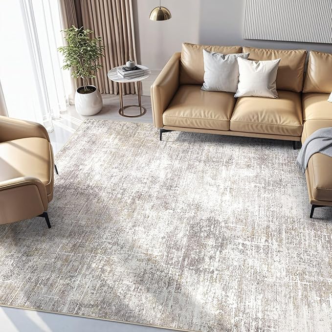 Abstract Living Room Rug 7x9 - Modern Washable Soft Thin Area Rug for Living Room Bedroom Under Dining Table - Neutral Indoor Floor Rug Carpets for Home Office Playroom Nursery - Brown Gold