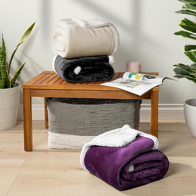 PAVILIA Sherpa Fleece Throw Blanket for Couch, Cream Beige, Plush Soft Fuzzy Sofa Blanket, Cozy Reversible Winter Throw for Women Men, 50x60 Inches