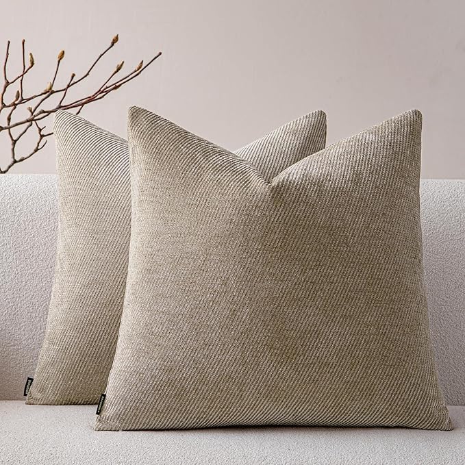 a moment Pack of 2 Decorative Chenille Throw Pillow Covers with Twill Cushion Covers for Sofa Living Room Couch Bed 22x22 Inch Light Brown