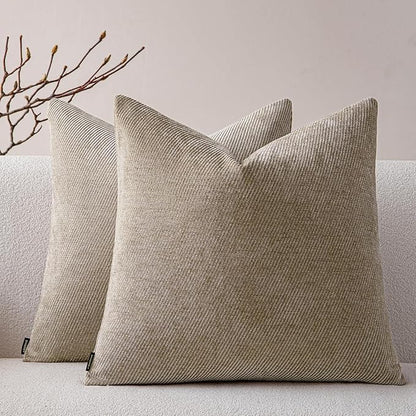 a moment Pack of 2 Decorative Chenille Throw Pillow Covers with Twill Cushion Covers for Sofa Living Room Couch Bed 22x22 Inch Light Brown