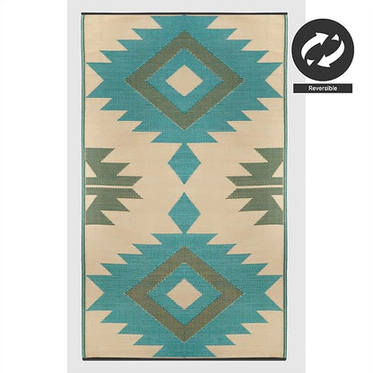 FH Home Outdoor Rug - Waterproof, Fade Resistant, Reversible - Premium Recycled Plastic - Geometric - Patio, Deck, Porch, Balcony - Bursa Kilim - Teal Crease Free - 6 x 9 ft