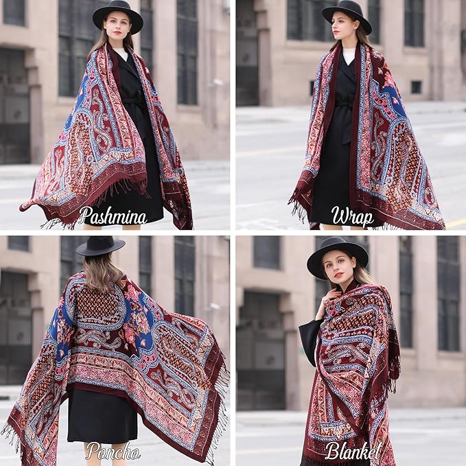 DANA XU 100% Merino Wool Extra Large Pashmina Blanket Travel Scarf Cashmere Wrap for Women Fall Winter Oversize Shawl Floral