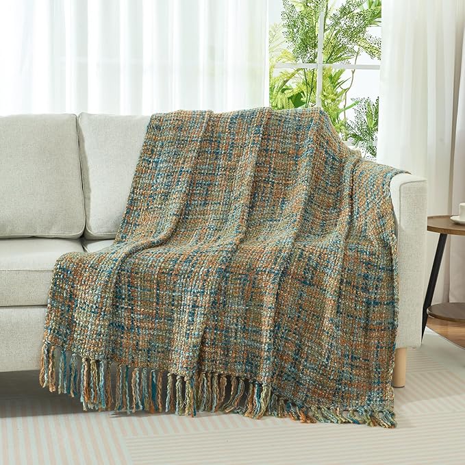 Multi-Color Gold Green Cable Knitted Throw Blanket for Couch,50"X60" Boho Style Textured Blankets for Home Decor,Super Soft Warm Cozy Chunky Knit Blanket with Decorative Tassels for Bed