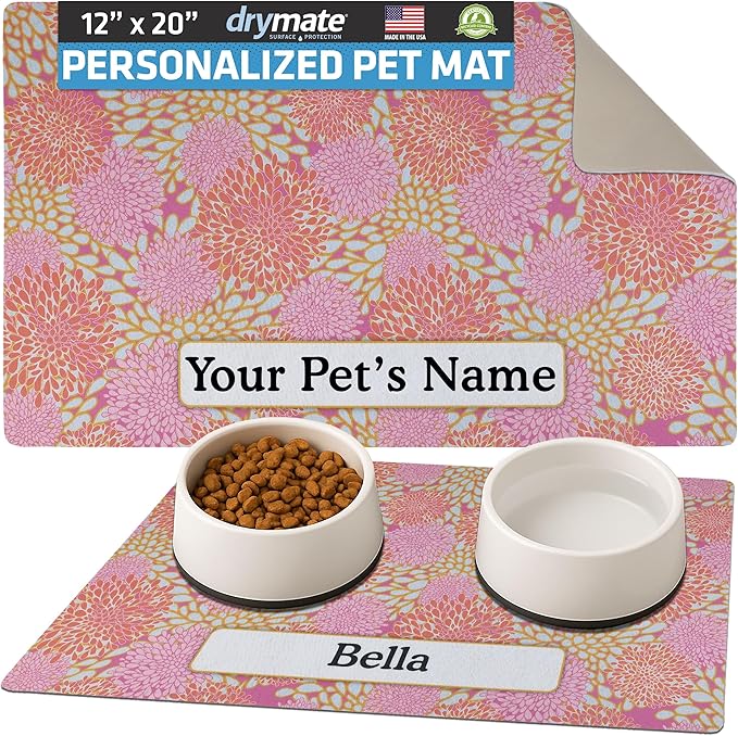 Drymate Personalized Pet Bowl Placemat, Custom Dog & Cat Food Feeding Mat - Absorbent Fabric, Waterproof Backing - Machine Washable/Durable (USA Made) (12" x 20") (Rejuvenation Pink Flowers)