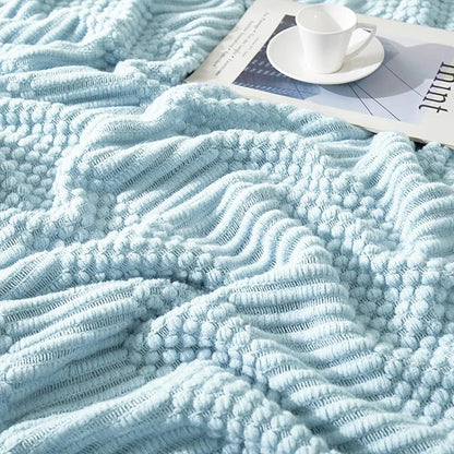 Light Blue Knitted Decorative Ball Throw Blankets for Couch, Bedroom and Officeroom,Textured Fade Resistant Soft and Warm Knit Blanket with Tassel,50"x60"
