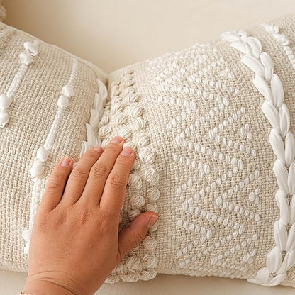 BlissBlush Decorative Lumbar Pillow Cover 14x24, Cream White Boho Accent Throw Pillow Case for Couch Sofa Bed, Modern Farmhouse Textured Lumbar Cushion Bedroom Living Room, Cover ONLY
