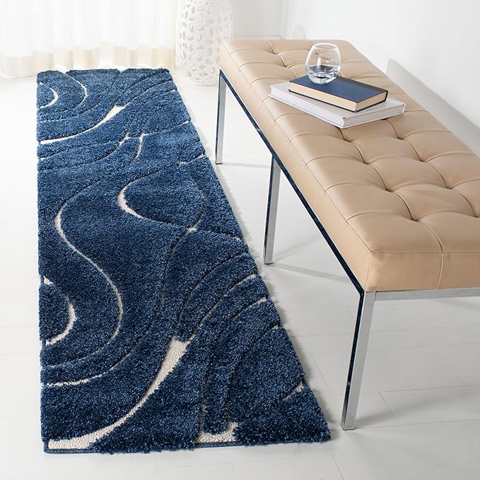 SAFAVIEH Florida Shag Collection Area Rug - 2'3" x 7' Runner, Navy & Ivory, Non-Shedding & Easy Cleaning, Plush Thick Pile, Ideal for Living Room, Hallway, Foyer, Entryway, Bedroom (SG471-6512)