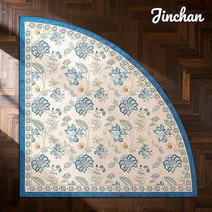jinchan Elora Floral Corner Rug for Living Room Washable Bedroom Rug Vintage Romance Design Non Slip Quarter Circle Lightweight Low-Pile Throw Carpet for Reading Nook Playroom, 6ft Radius, Blue/Beige