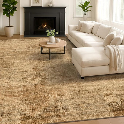 Farmhouse 8x10 Rugs for Living Room - Brown and Gold Dining Room Area Rugs for Bedroom, Washable, Soft, Lightweight & Stain Resistance, Neutral Dark Vintage Medallion Decor