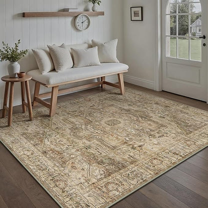 Brown Multi Area Rug 6x9 Vintage Washable Distressed Living Room Carpet Large Indoor Non Slip Traditional Medallion Retro Low Pile Accent Throw Rug Bedroom Kitchen Office Dining Room