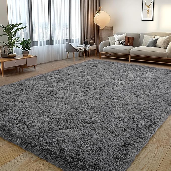 Dark Gray Fluffy Rug Plush Carpet for Bedroom Dorm, Non-Slip High Pile Rug, Shag Rug for Playroom Nursery Home Office Decor 8X10 Ft