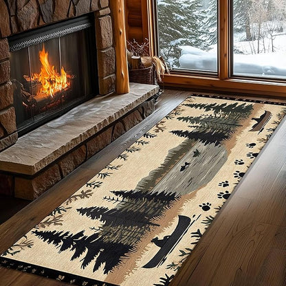 Vintage Bear Claw Fishing Boat Rug 4x12ft Elk Pine Forest Bohemian Carpet, Non-Slip Nursery Rug with Washable Surface, Brown Retro Floor Mat for Cabin Decor