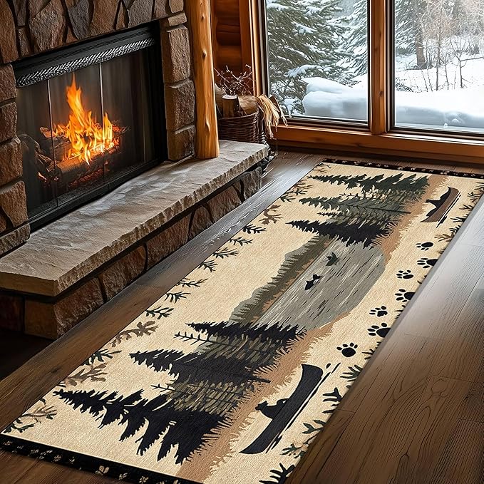 Vintage Bear Claw Fishing Boat Rug 2.6x7ft Elk Pine Forest Bohemian Carpet, Non-Slip Nursery Rug with Washable Surface, Brown Retro Floor Mat for Cabin Decor