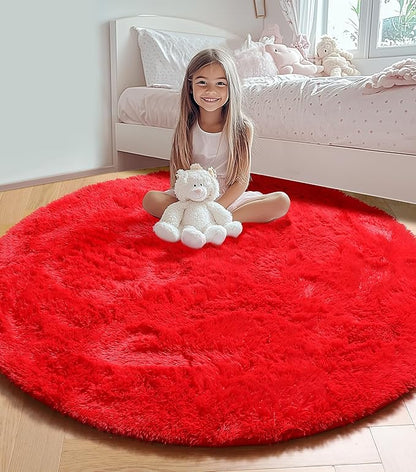 ONASAR Red Round Area Rug 4x4, Soft Bedroom Circle Rugs Floor Mat for Kids Girls Teen Room, Kawaii Fluffy Plush Shaggy Carpet for Nursery Living Room Playroom Christmas Home Decor Princess Castle